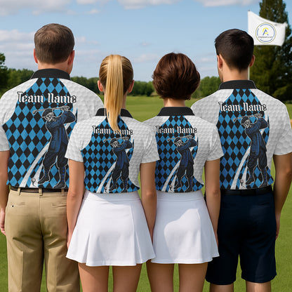 Golfer Skeleton Golf Polo Shirts For Men Custom Blue Argyle Pattern Team Name Golf Clothes NYN3253