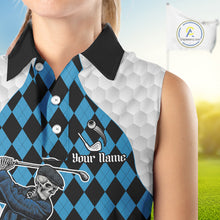 Load image into Gallery viewer, Golfer Skeleton Golf Sleeveless Polo Shirts For Women Custom Blue Argyle Pattern Team Name Golf Clothes NYN3253