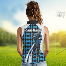 Load image into Gallery viewer, Golfer Skeleton Golf Sleeveless Polo Shirts For Women Custom Blue Argyle Pattern Team Name Golf Clothes NYN3253