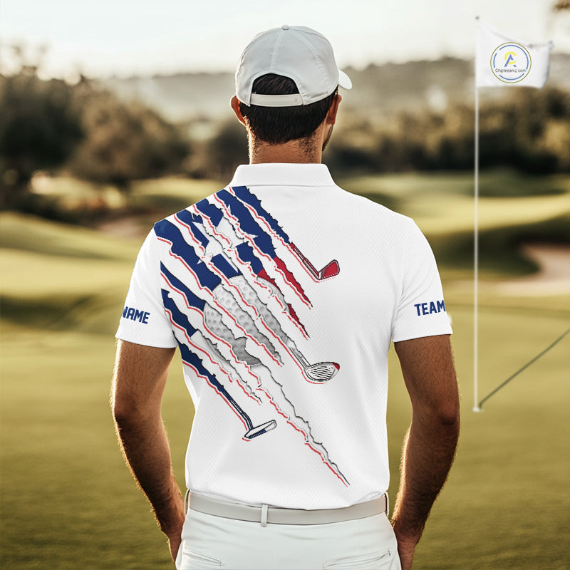 Men's model wearing Texas Flag Golf Polo Shirt, Lone Star golf apparel, personalized golf clothing, custom golf team outfit, Texas golf club fashion.