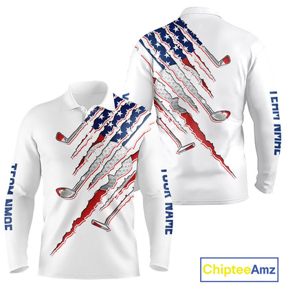 American Flag Men's Golf Polo Shirt mockup with white golf clubs, personalized patriotic golf shirt, custom golf team apparel, USA golf polo, Memorial Day golf clothing, performance golf jersey.