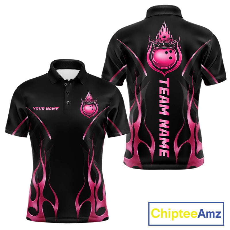 Black And Pink Crown Bowling Ball Polo 1/4-Zip Shirts For Men Custom Fire Flame Bowling Team Jersey NYN4139