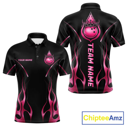 Black And Pink Crown Bowling Ball Polo 1/4-Zip Shirts For Men Custom Fire Flame Bowling Team Jersey NYN4139