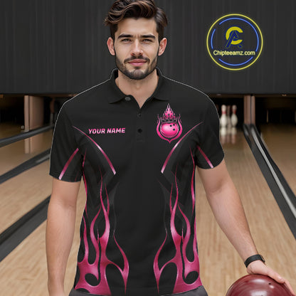 Black And Pink Crown Bowling Ball Polo 1/4-Zip Shirts For Men Custom Fire Flame Bowling Team Jersey NYN4139