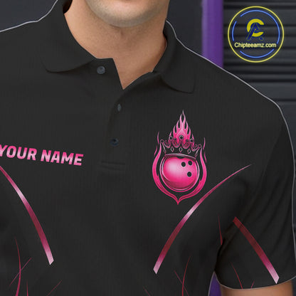 Black And Pink Crown Bowling Ball Polo 1/4-Zip Shirts For Men Custom Fire Flame Bowling Team Jersey NYN4139