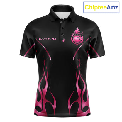 Black And Pink Crown Bowling Ball Polo 1/4-Zip Shirts For Men Custom Fire Flame Bowling Team Jersey NYN4139