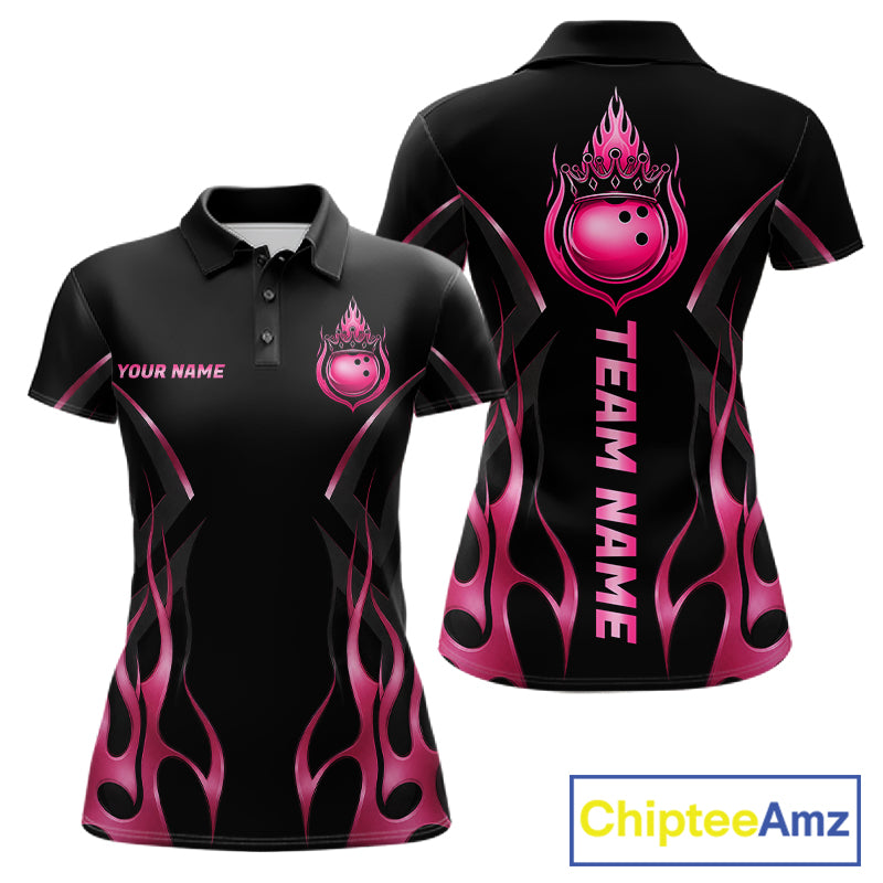Black And Pink Crown Bowling Ball Polo 1/4-Zip Shirts For Women Custom Fire Flame Bowling Team Jersey NYN4139