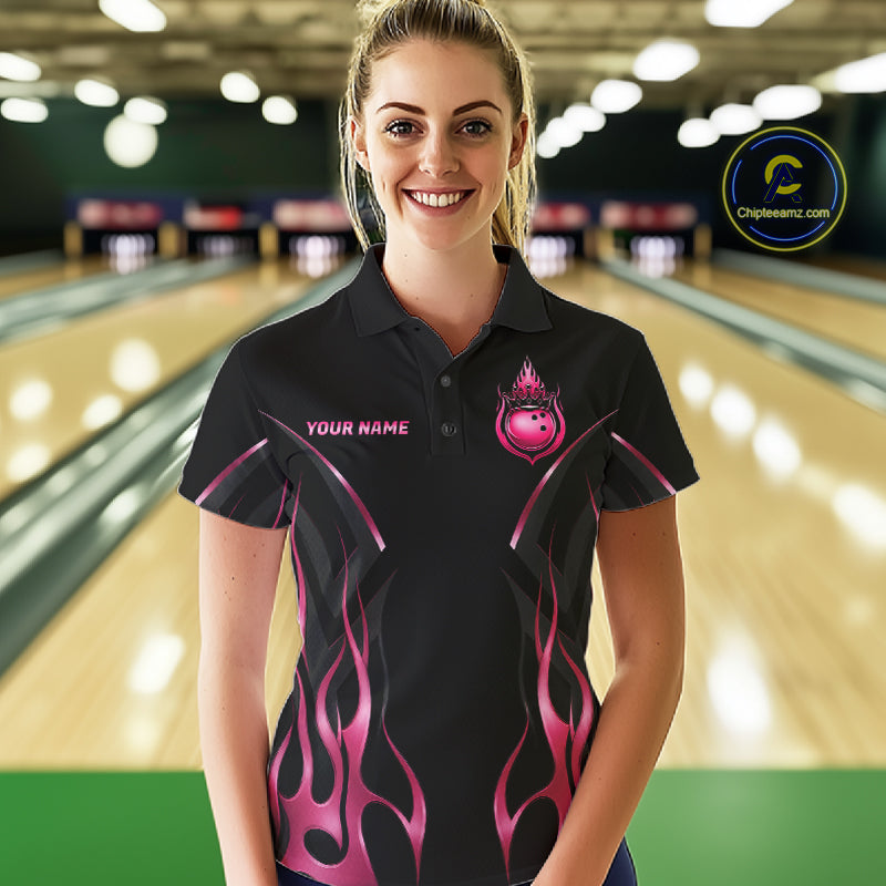 Black And Pink Crown Bowling Ball Polo 1/4-Zip Shirts For Women Custom Fire Flame Bowling Team Jersey NYN4139