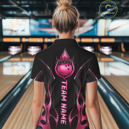 Black And Pink Crown Bowling Ball Polo 1/4-Zip Shirts For Women Custom Fire Flame Bowling Team Jersey NYN4139
