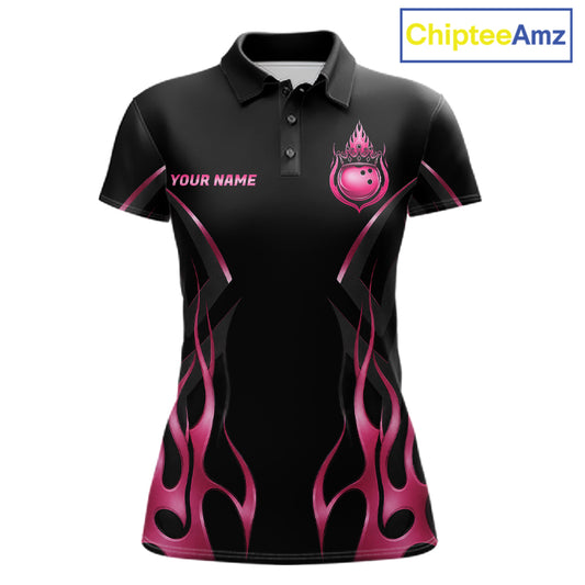 Black And Pink Crown Bowling Ball Polo 1/4-Zip Shirts For Women Custom Fire Flame Bowling Team Jersey NYN4139