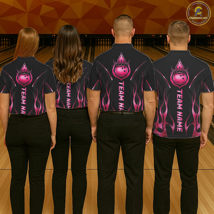 Black And Pink Crown Bowling Ball Polo 1/4-Zip Shirts For Women Custom Fire Flame Bowling Team Jersey NYN4139
