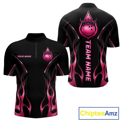 Black And Pink Crown Bowling Ball Polo 1/4-Zip Shirts For Men Custom Fire Flame Bowling Team Jersey NYN4139