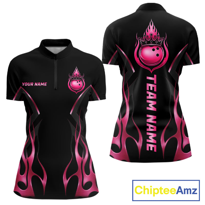 Black And Pink Crown Bowling Ball Polo 1/4-Zip Shirts For Women Custom Fire Flame Bowling Team Jersey NYN4139