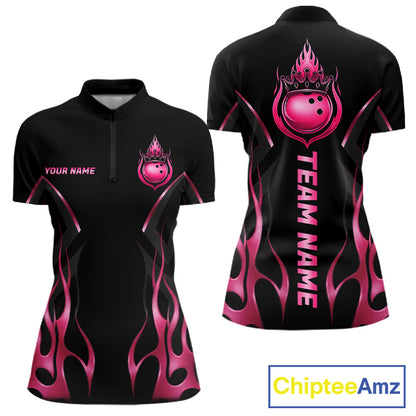 Black And Pink Crown Bowling Ball Polo 1/4-Zip Shirts For Women Custom Fire Flame Bowling Team Jersey NYN4139