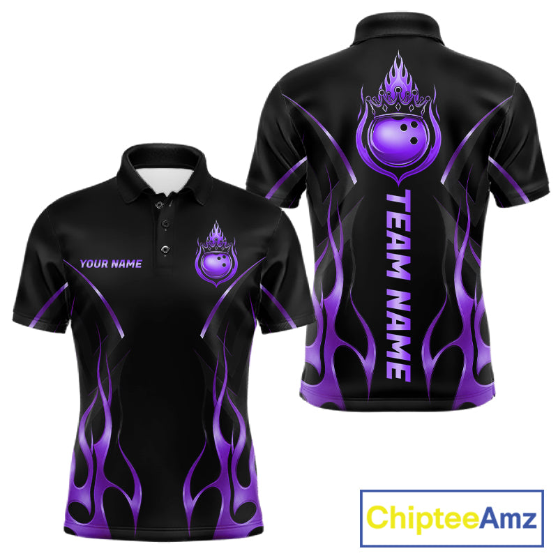 Black And Purple Crown Bowling Ball Polo 1/4-Zip Shirts For Men Custom Fire Flame Bowling Team Jersey NYN4140