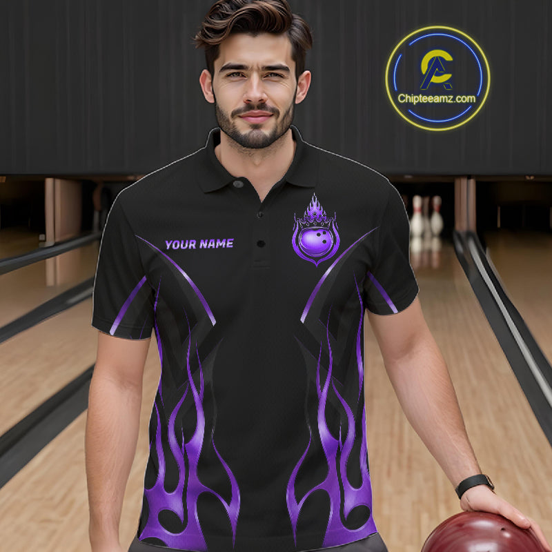 Black And Purple Crown Bowling Ball Polo 1/4-Zip Shirts For Men Custom Fire Flame Bowling Team Jersey NYN4140