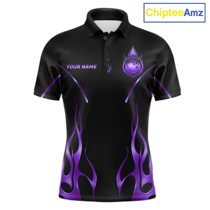 Black And Purple Crown Bowling Ball Polo 1/4-Zip Shirts For Men Custom Fire Flame Bowling Team Jersey NYN4140