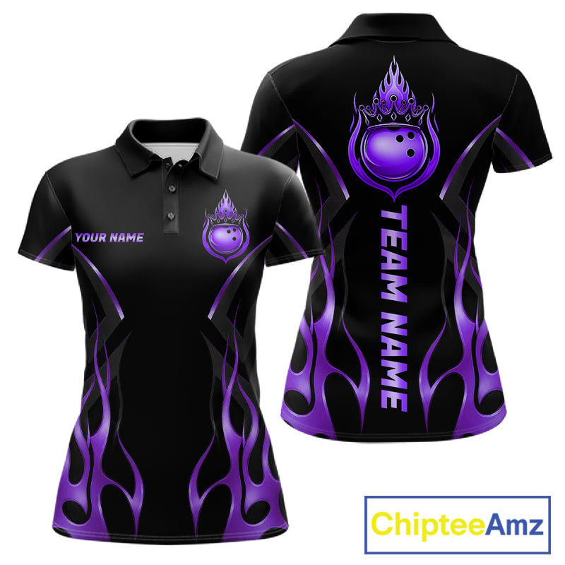 Black And Purple Crown Bowling Ball Polo 1/4-Zip Shirts For Women Custom Fire Flame Bowling Team Jersey NYN4140