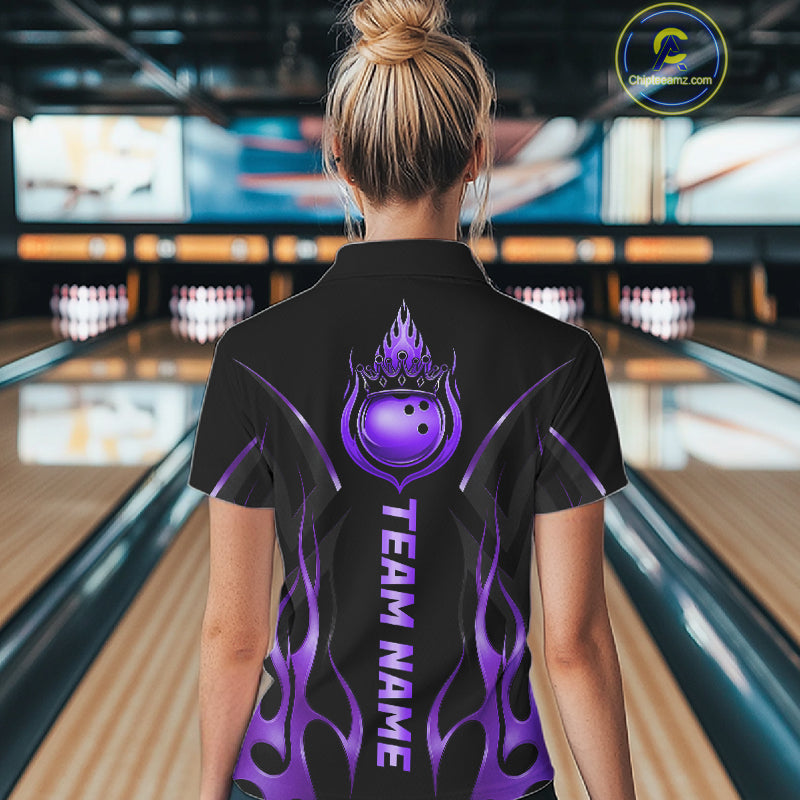 Black And Purple Crown Bowling Ball Polo 1/4-Zip Shirts For Women Custom Fire Flame Bowling Team Jersey NYN4140