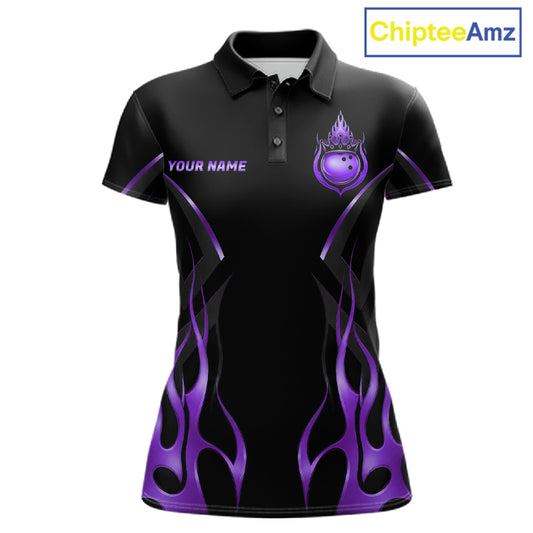 Black And Purple Crown Bowling Ball Polo 1/4-Zip Shirts For Women Custom Fire Flame Bowling Team Jersey NYN4140