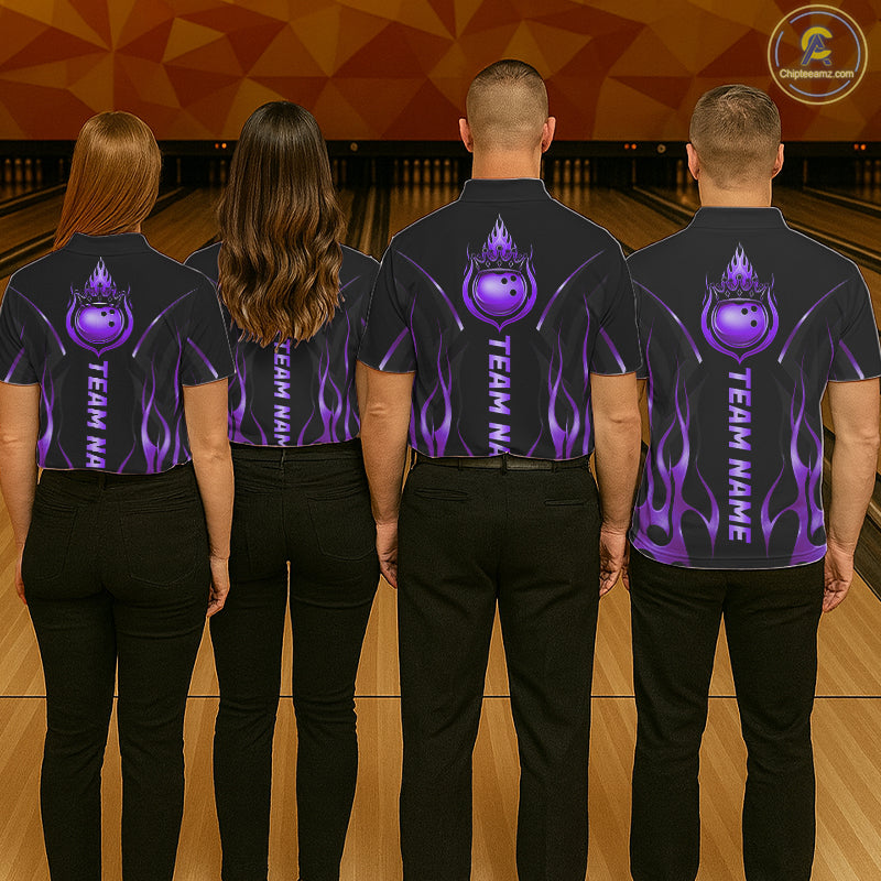Black And Purple Crown Bowling Ball Polo 1/4-Zip Shirts For Women Custom Fire Flame Bowling Team Jersey NYN4140