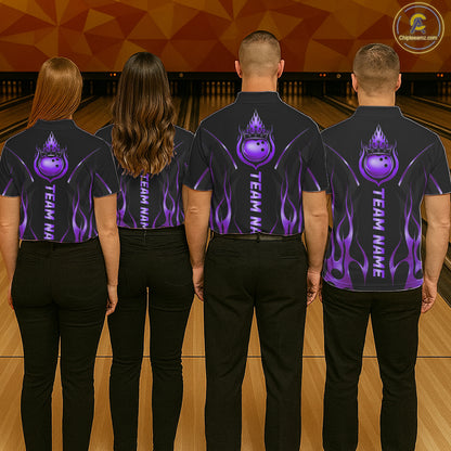 Black And Purple Crown Bowling Ball Polo 1/4-Zip Shirts For Women Custom Fire Flame Bowling Team Jersey NYN4140