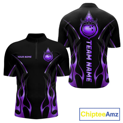 Black And Purple Crown Bowling Ball Polo 1/4-Zip Shirts For Men Custom Fire Flame Bowling Team Jersey NYN4140