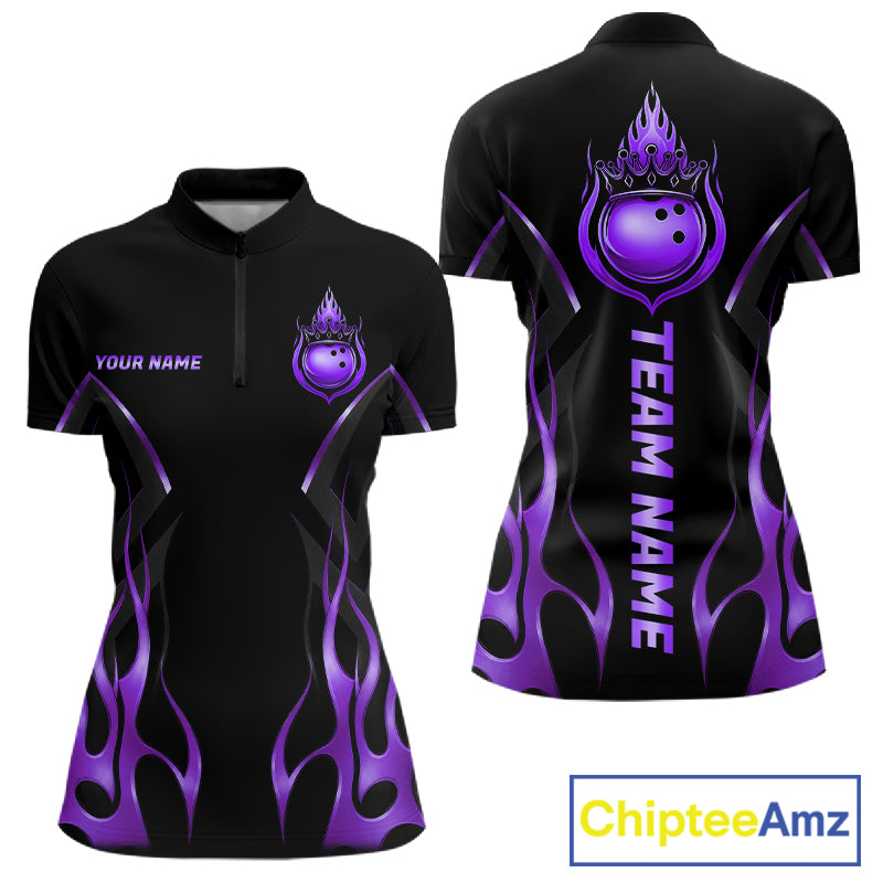 Black And Purple Crown Bowling Ball Polo 1/4-Zip Shirts For Women Custom Fire Flame Bowling Team Jersey NYN4140