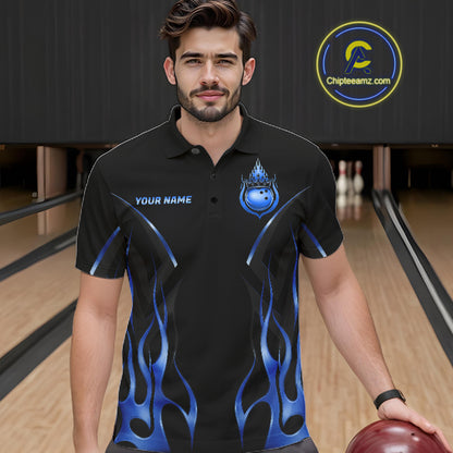 Black And Blue Crown Bowling Ball Polo 1/4-Zip Shirts For Men Custom Fire Flame Bowling Team Jersey NYN4141