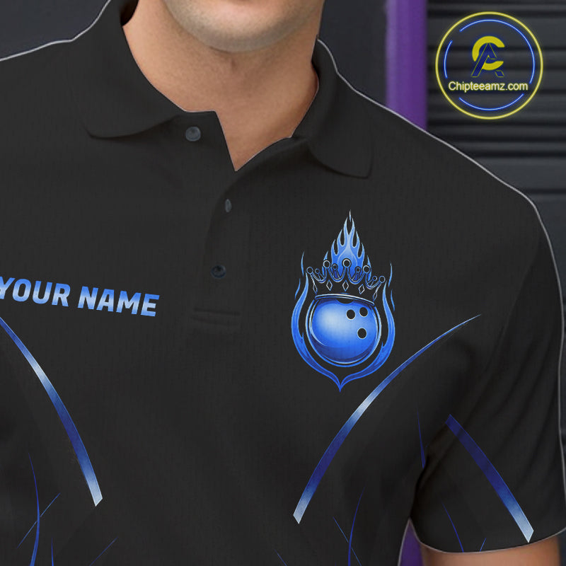 Black And Blue Crown Bowling Ball Polo 1/4-Zip Shirts For Men Custom Fire Flame Bowling Team Jersey NYN4141