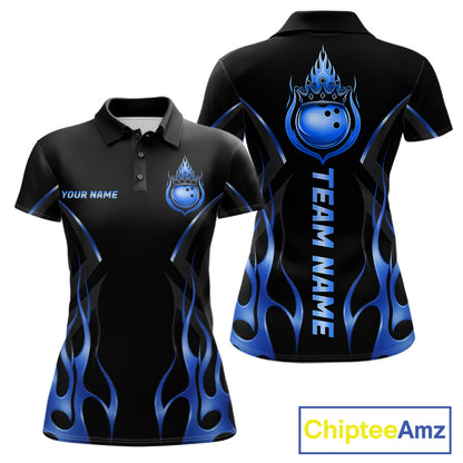 Black And Blue Crown Bowling Ball Polo 1/4-Zip Shirts For Women Custom Fire Flame Bowling Team Jersey NYN4141