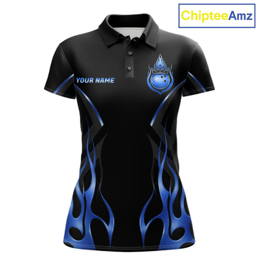 Black And Blue Crown Bowling Ball Polo 1/4-Zip Shirts For Women Custom Fire Flame Bowling Team Jersey NYN4141