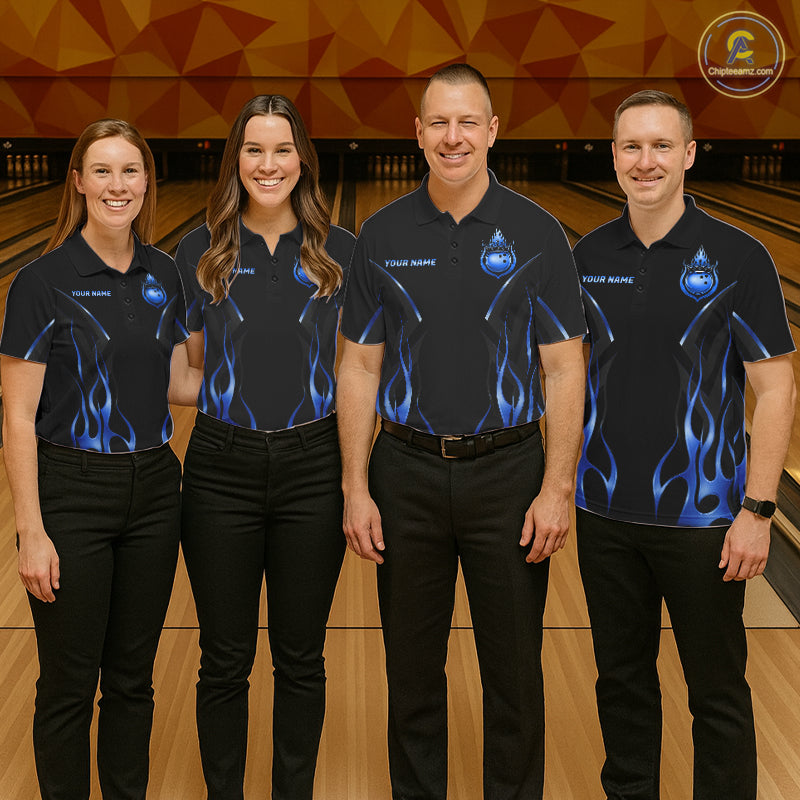 Black And Blue Crown Bowling Ball Polo 1/4-Zip Shirts For Men Custom Fire Flame Bowling Team Jersey NYN4141