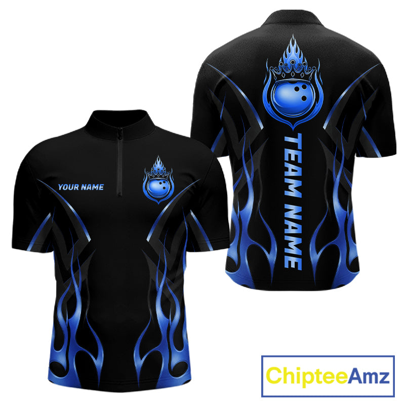 Black And Blue Crown Bowling Ball Polo 1/4-Zip Shirts For Men Custom Fire Flame Bowling Team Jersey NYN4141