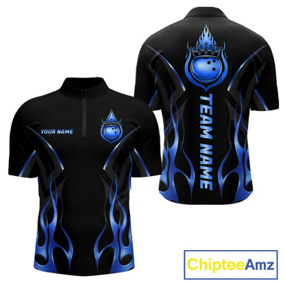 Black And Blue Crown Bowling Ball Polo 1/4-Zip Shirts For Men Custom Fire Flame Bowling Team Jersey NYN4141