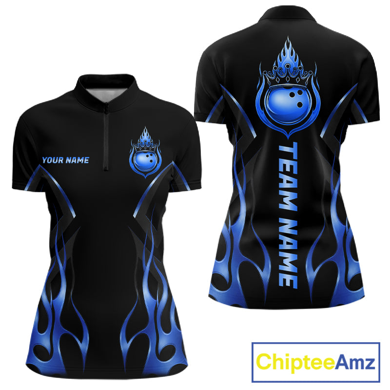 Black And Blue Crown Bowling Ball Polo 1/4-Zip Shirts For Women Custom Fire Flame Bowling Team Jersey NYN4141