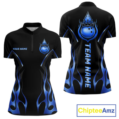 Black And Blue Crown Bowling Ball Polo 1/4-Zip Shirts For Women Custom Fire Flame Bowling Team Jersey NYN4141