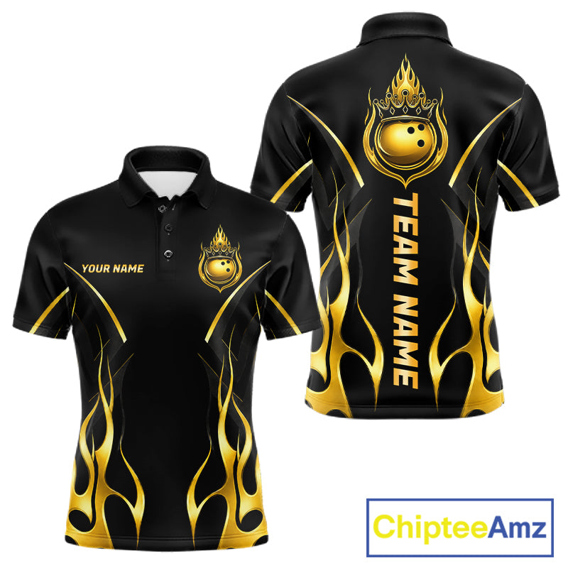 Black And Gold Crown Bowling Ball Polo 1/4-Zip Shirts For Men Custom Fire Flame Bowling Team Jersey NYN4142