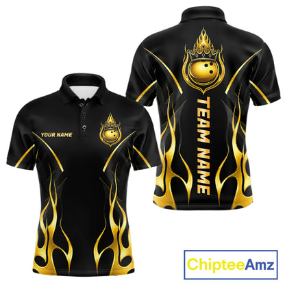 Black And Gold Crown Bowling Ball Polo 1/4-Zip Shirts For Men Custom Fire Flame Bowling Team Jersey NYN4142