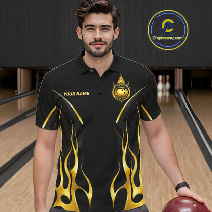 Black And Gold Crown Bowling Ball Polo 1/4-Zip Shirts For Men Custom Fire Flame Bowling Team Jersey NYN4142