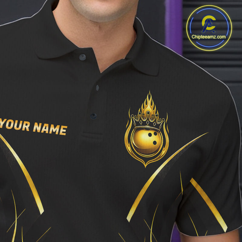 Black And Gold Crown Bowling Ball Polo 1/4-Zip Shirts For Men Custom Fire Flame Bowling Team Jersey NYN4142