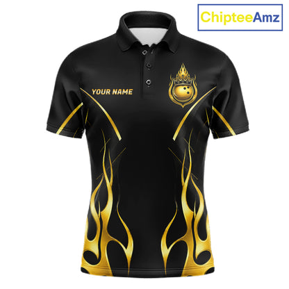 Black And Gold Crown Bowling Ball Polo 1/4-Zip Shirts For Men Custom Fire Flame Bowling Team Jersey NYN4142