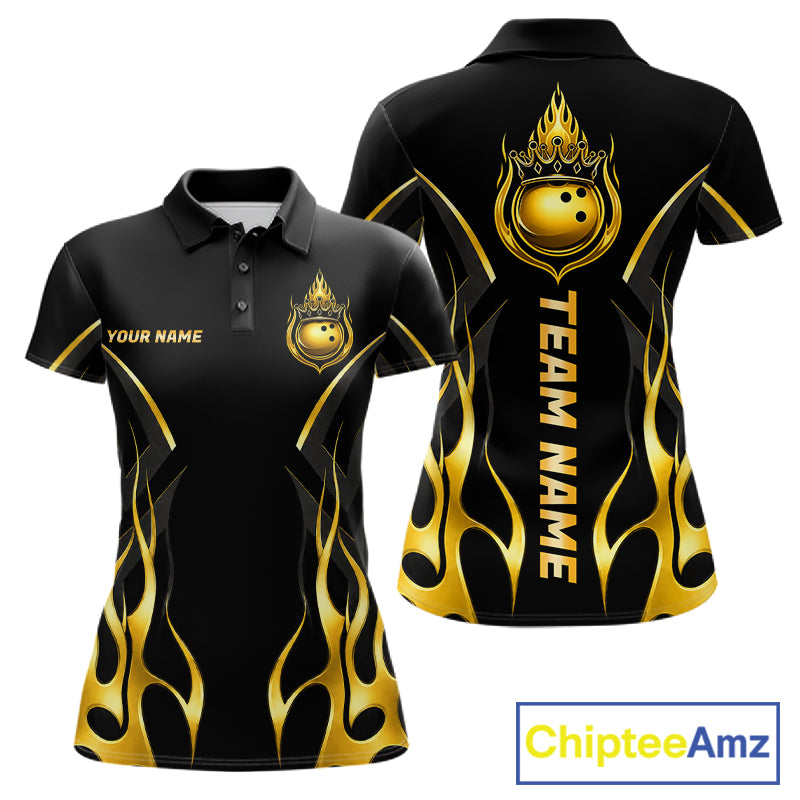 Black And Gold Crown Bowling Ball Polo 1/4-Zip Shirts For Women Custom Fire Flame Bowling Team Jersey NYN4142