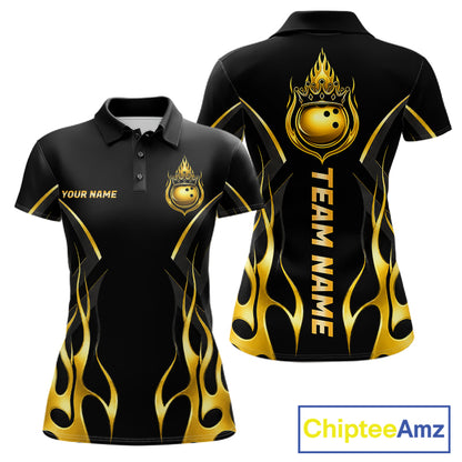 Black And Gold Crown Bowling Ball Polo 1/4-Zip Shirts For Women Custom Fire Flame Bowling Team Jersey NYN4142
