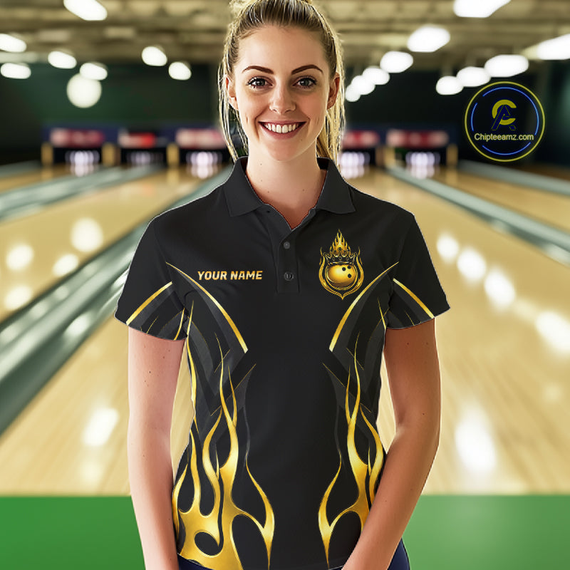 Black And Gold Crown Bowling Ball Polo 1/4-Zip Shirts For Women Custom Fire Flame Bowling Team Jersey NYN4142
