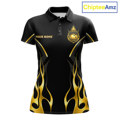 Black And Gold Crown Bowling Ball Polo 1/4-Zip Shirts For Women Custom Fire Flame Bowling Team Jersey NYN4142