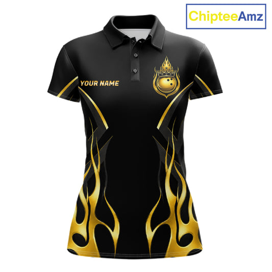 Black And Gold Crown Bowling Ball Polo 1/4-Zip Shirts For Women Custom Fire Flame Bowling Team Jersey NYN4142