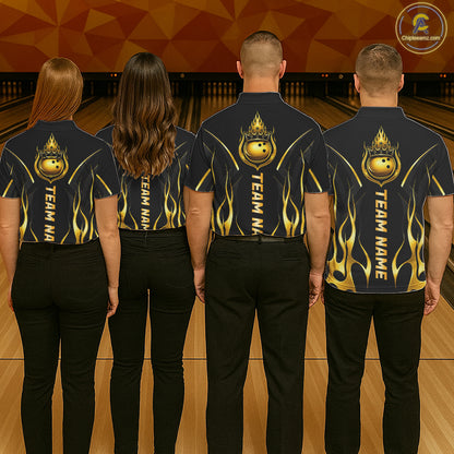 Black And Gold Crown Bowling Ball Polo 1/4-Zip Shirts For Women Custom Fire Flame Bowling Team Jersey NYN4142