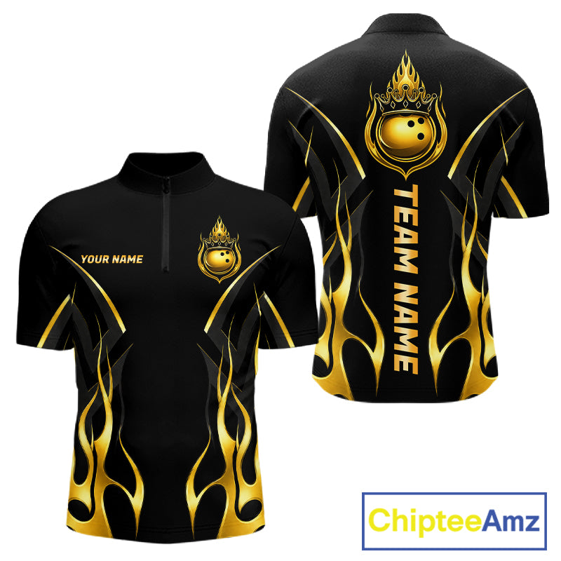 Black And Gold Crown Bowling Ball Polo 1/4-Zip Shirts For Men Custom Fire Flame Bowling Team Jersey NYN4142
