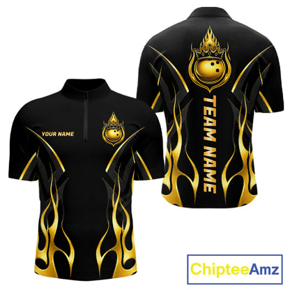 Black And Gold Crown Bowling Ball Polo 1/4-Zip Shirts For Men Custom Fire Flame Bowling Team Jersey NYN4142